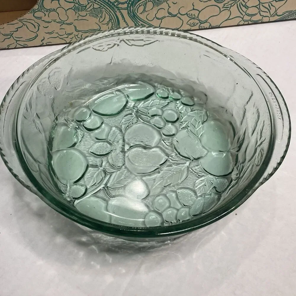 Indiana Glass Madeira 3pc Green Ovenware Set Casseroles Libbey Orchard Fruit VTG